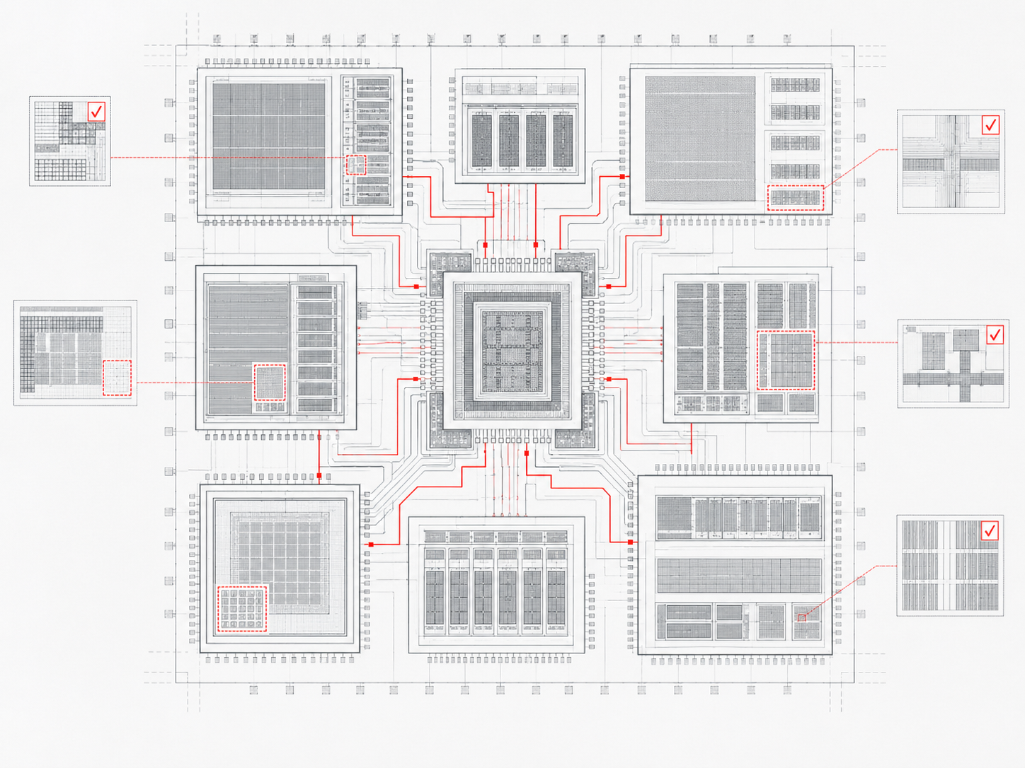 Integrated circuit floorplan with a central core, surrounding functional blocks, routing between them, highlighted verification paths and detail callouts around the edge
